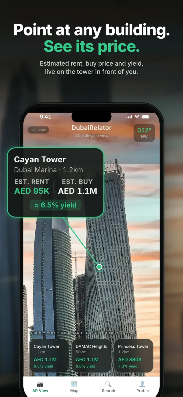AR view of Cayan Tower in Dubai Marina with its rent, buy price and yield