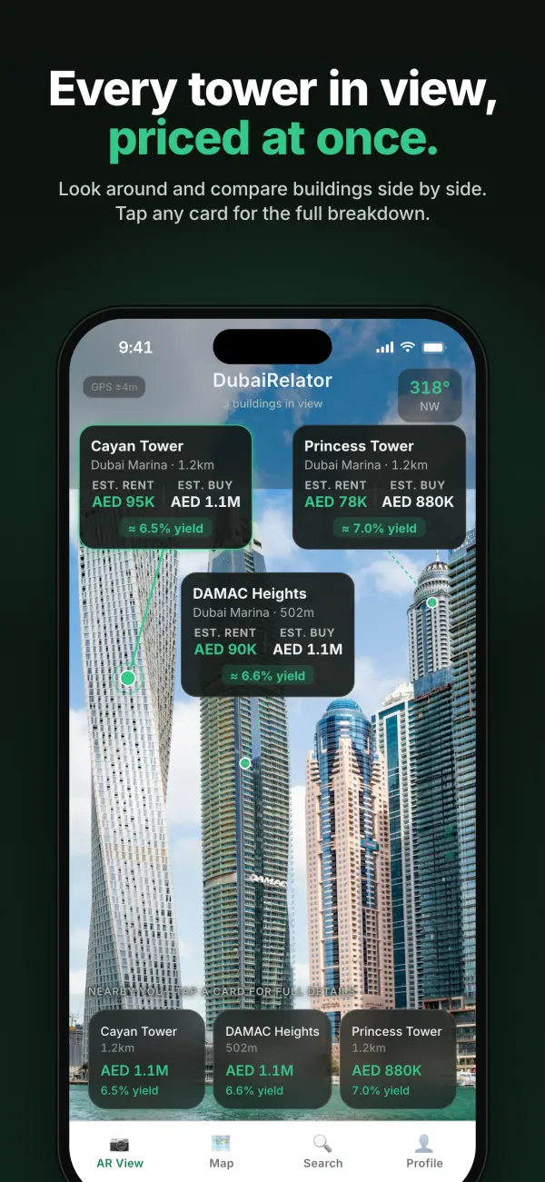 Several Dubai Marina towers in the AR view, each with its own rent, buy price and yield