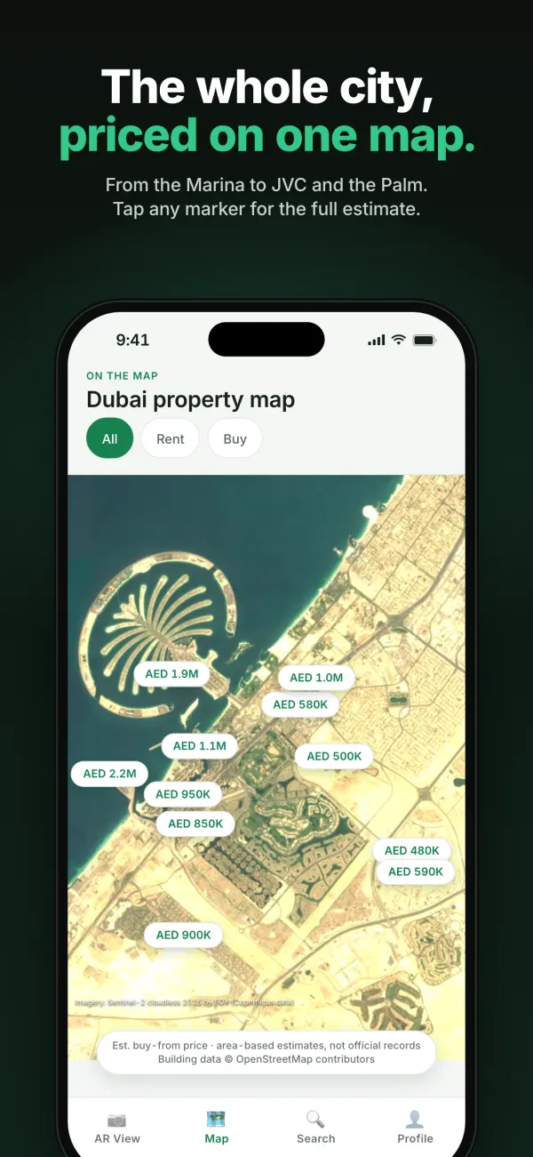 Satellite map of Dubai with buy prices on buildings from the Palm to the Marina